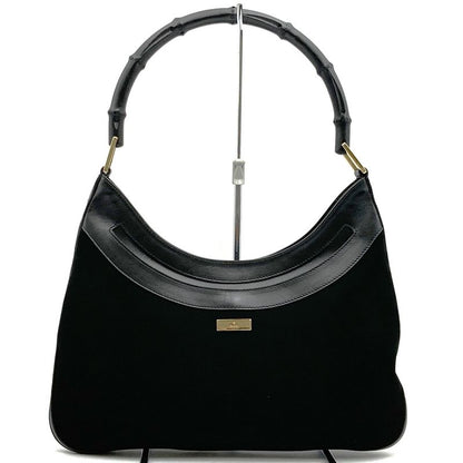 Gucci 001 4062 Shoulder Bag Bamboo Black Suede Leather Fashion Women
