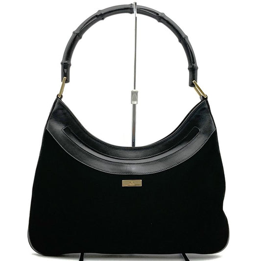 Gucci 001 4062 Shoulder Bag Bamboo Black Suede Leather Fashion Women