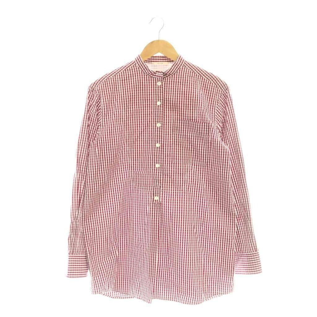Celine Phoebe Season Check Collar Stand L S Cotton Shirt Blouse 36 Red