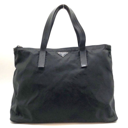 Prada Nylon Tote Handbag Triangle Plate Logo A4 Compartment Black Ladies Men