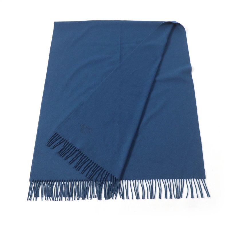 Hermes 100% Cashmere Logo Embroidered Fringed Large Scarf Shawl Scarf Blue Women