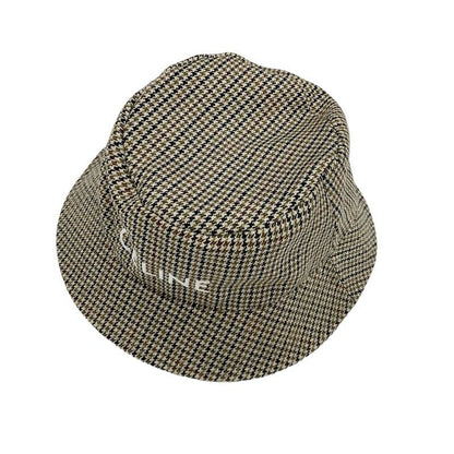 Celine Hat Wool Brown Logo Houndstooth Bucket