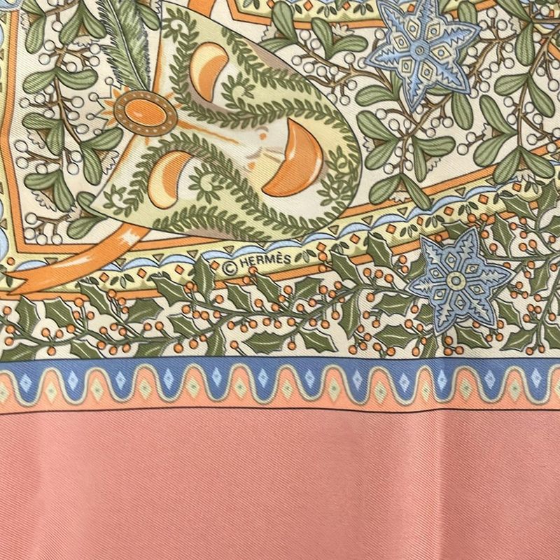 Hermes Scarf Carré 90 Light Orange×khaki×multi Axis Mundi/floral Pattern