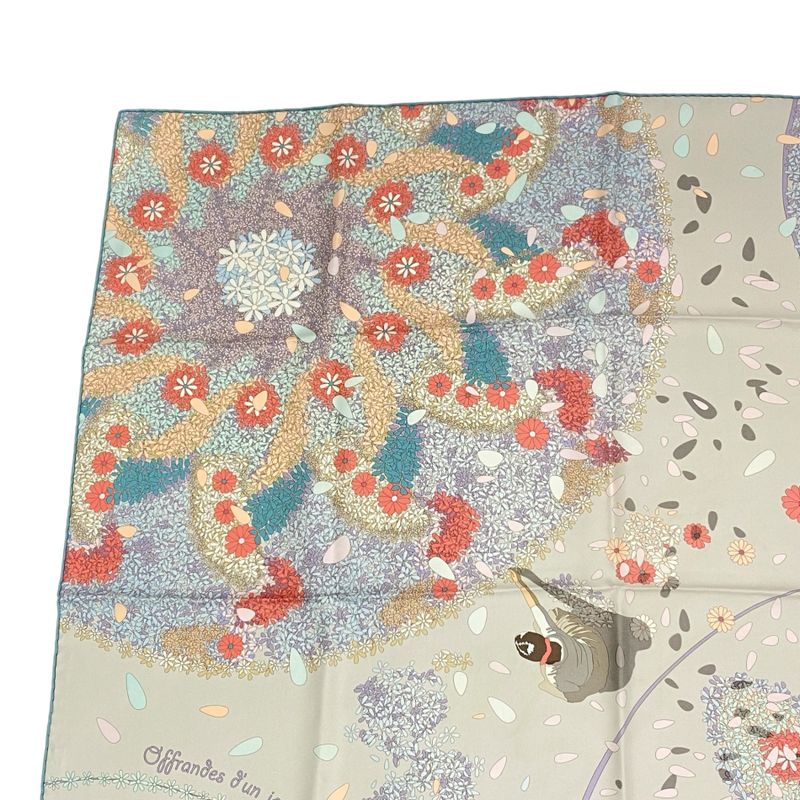 Hermes Carre 90 Scarf Silk Floral Tribute Offrandes DUN JOUR Multicolor