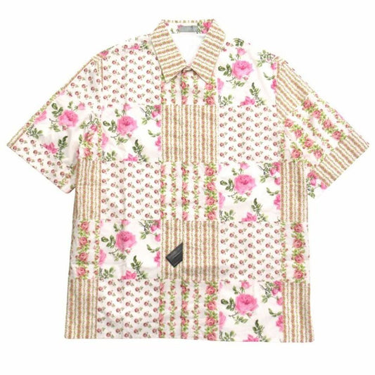 Dior Rose Patchwork Shirt Top Blouse Short Sleeve Logo Floral Pattern Jandal 40