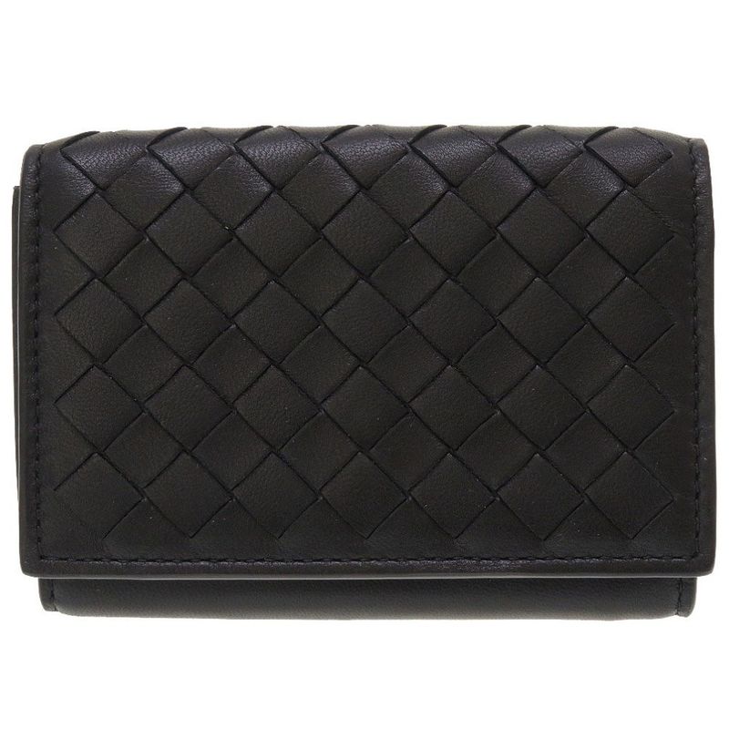 Bottega Veneta Intrecciato Compact Wallet Leather Black Trifold Wallet Purse