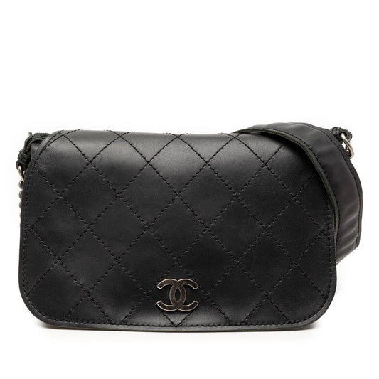 Chanel Wild Stitch CC Logo Crossbody Chain Shoulder Bag Black Leather