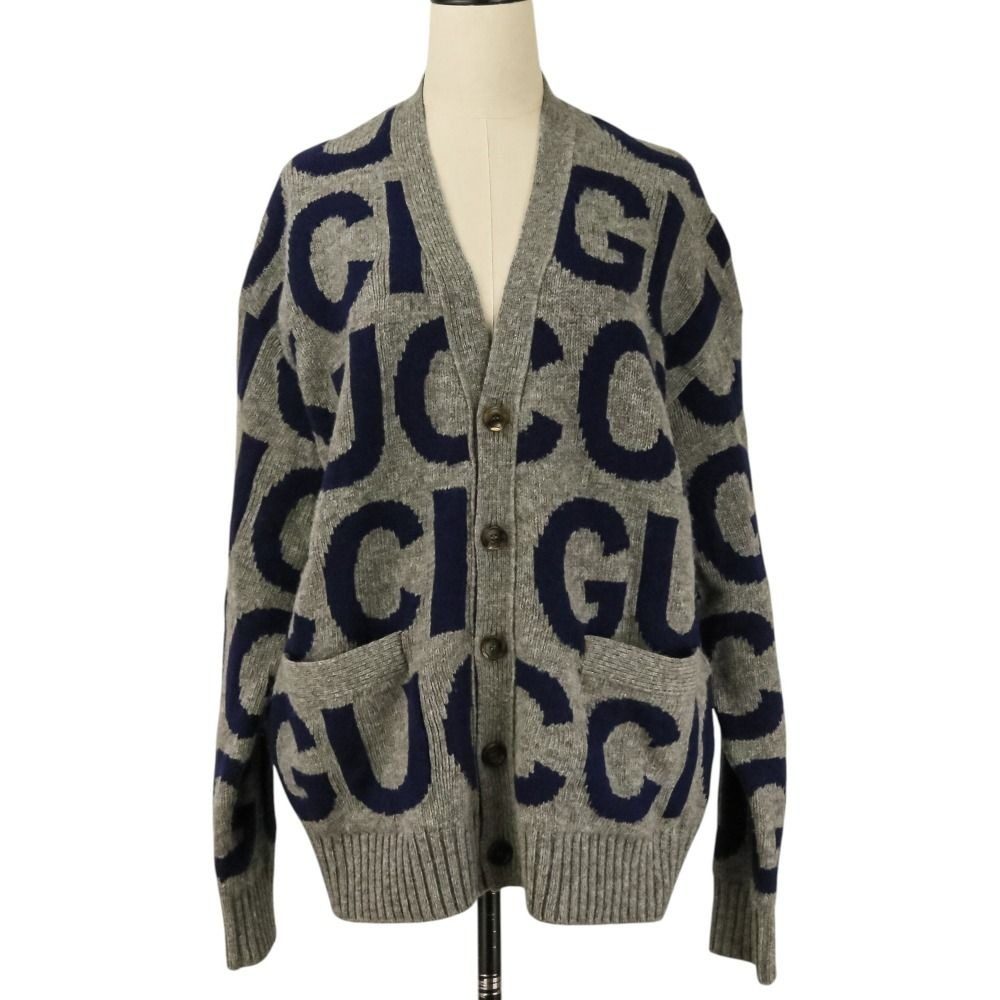 Gucci Logo Intarsia V-neck Knit Cardigan M Gray
