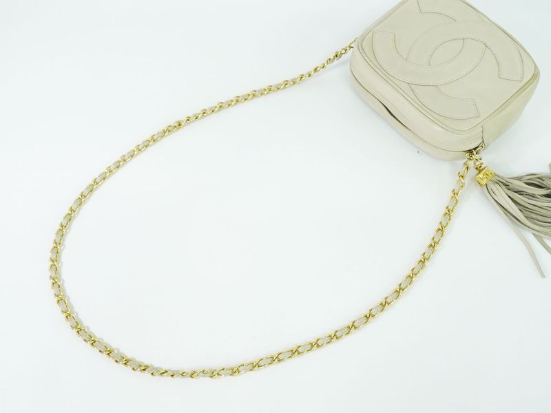 Authentic Chanel Deca Coco Mark Tassel Shoulder Bag Pochette Lambskin Leather