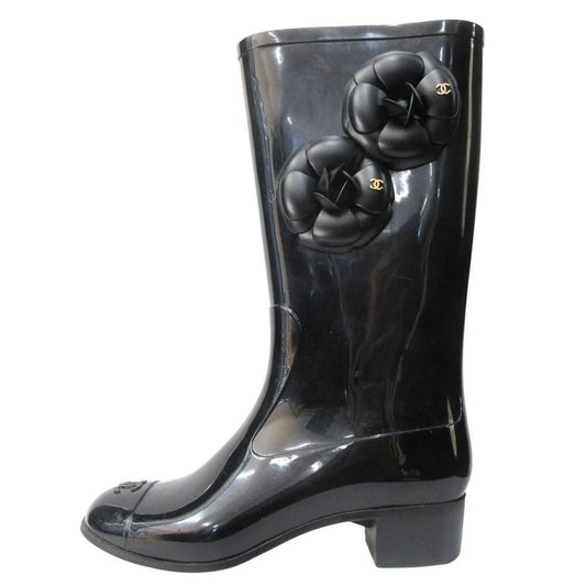 Chanel Camellia Rain Boots Shoes CC Logo Gold 36 Black