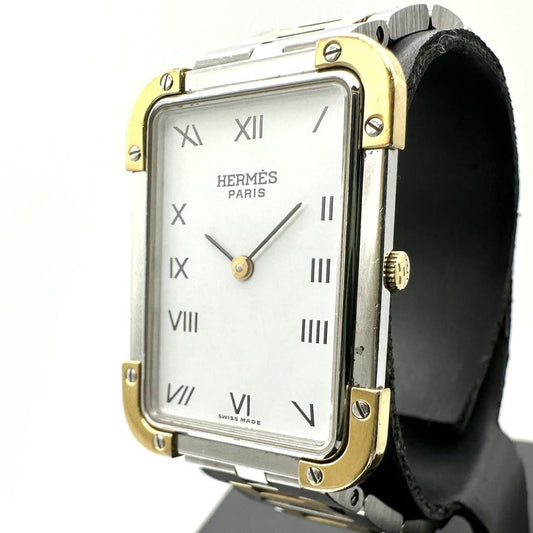 Hermes Croajour Watch with Extra Frames Quartz SS Silver Gold Vintage