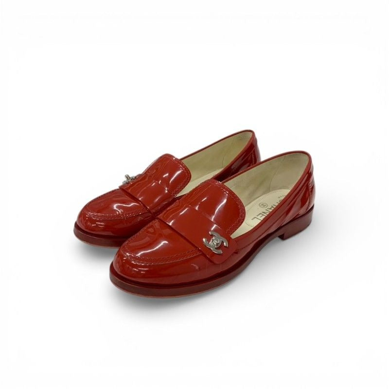 Chanel Loafers Leather Shoes Patent Red Silver CC Logo Turnlock