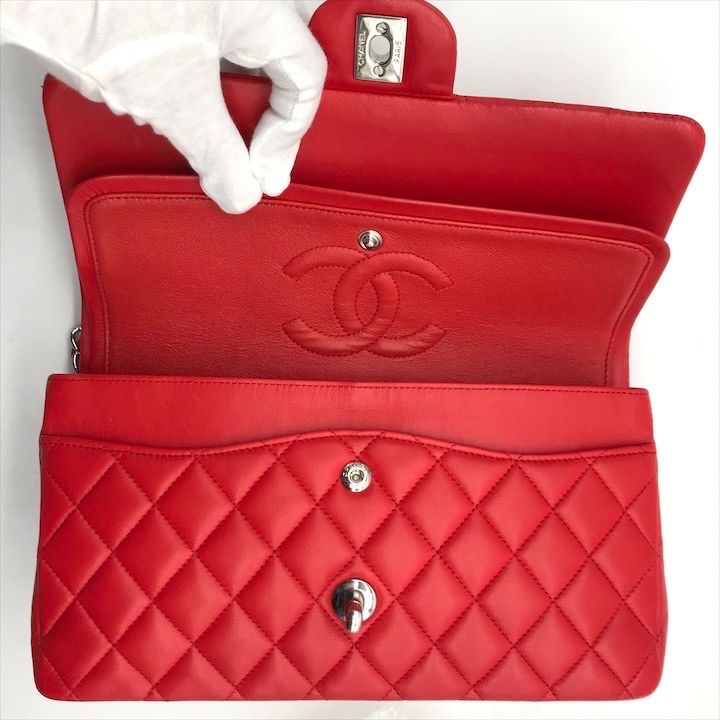 Chanel CC Logo Turnlock Quilted Lambskin Chain Shoulder Bag Red Purse