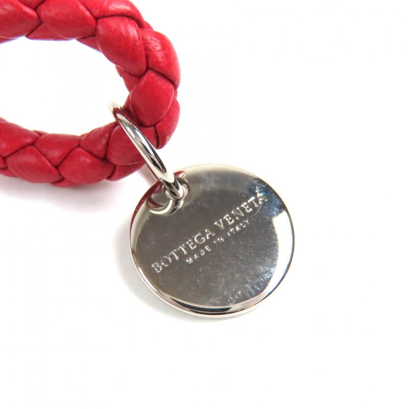 Bottega Veneta Intrecciato Leather Bracelet With Logo Charm Red Silver Hardware