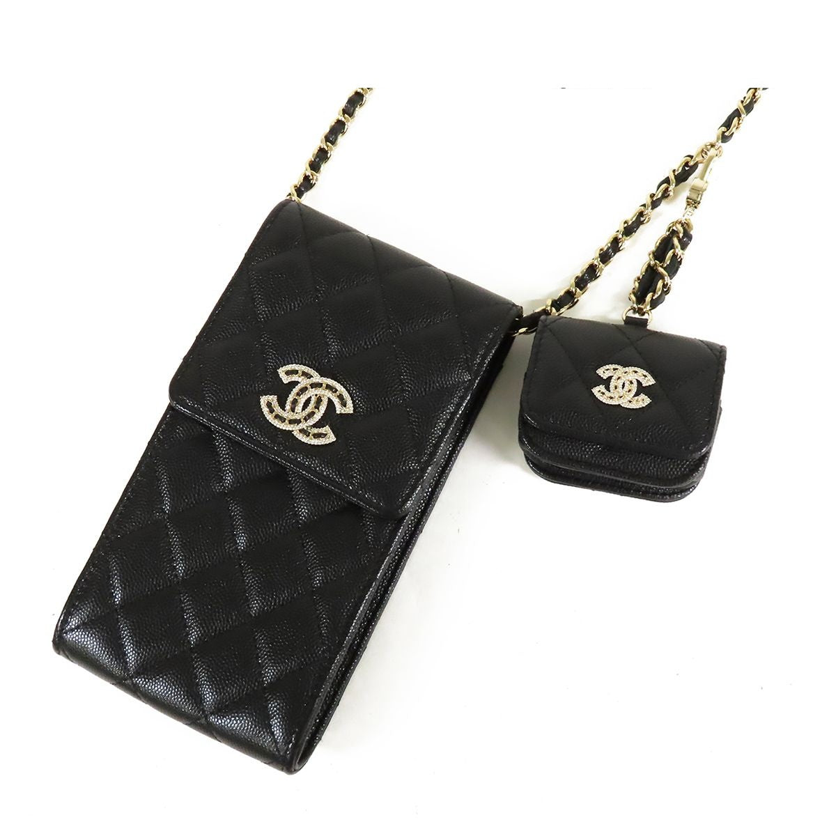 Chanel Shoulder Pouch Airpods Case Black Gold Caviar Leather