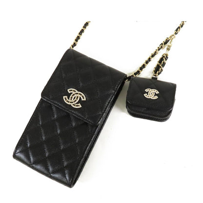 Chanel Shoulder Pouch Airpods Case Black Gold Caviar Leather
