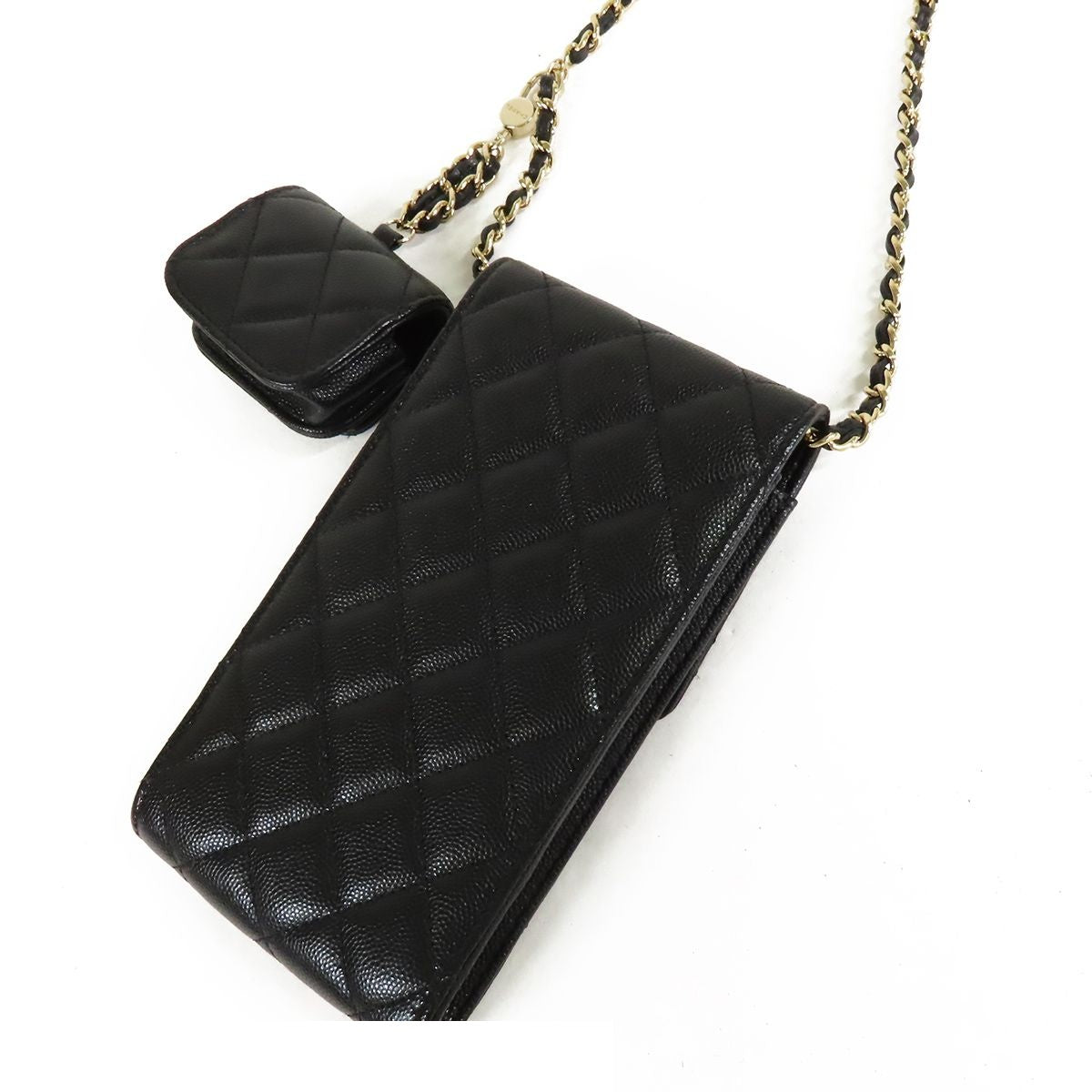Chanel Shoulder Pouch Airpods Case Black Gold Caviar Leather — view 2
