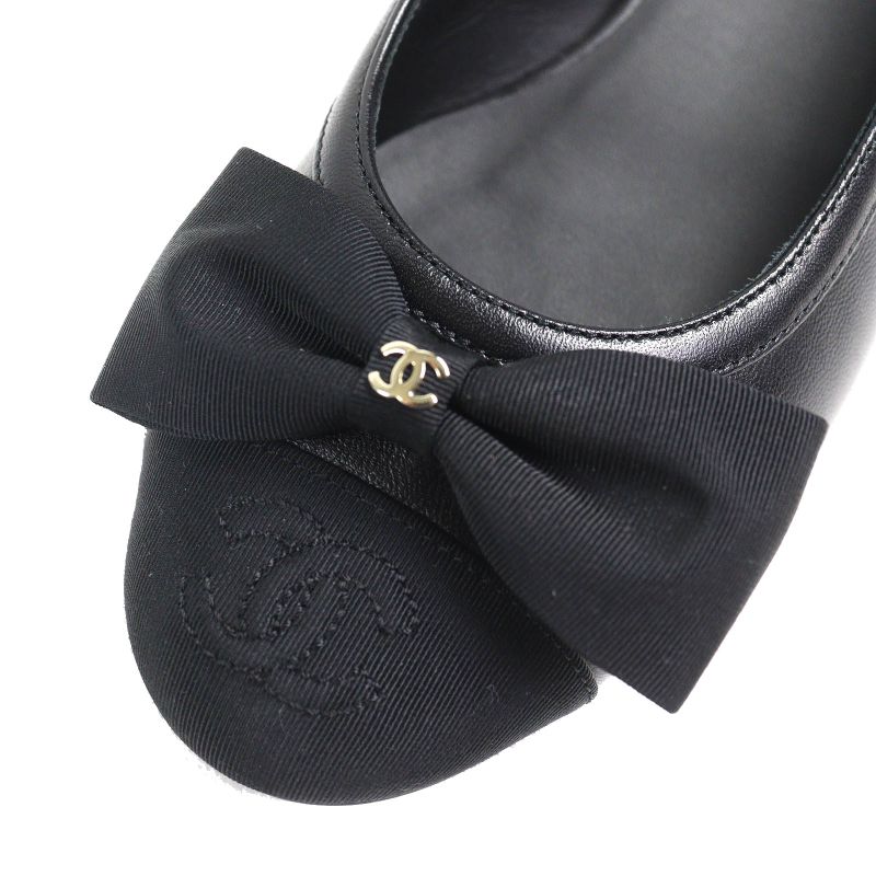 CHANEL G45689 Coco Mark Ribbon Sling Back Lamb Leather Pumps Shoes Black 35.5