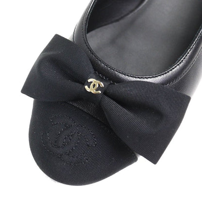 CHANEL G45689 Coco Mark Ribbon Sling Back Lamb Leather Pumps Shoes Black 35.5