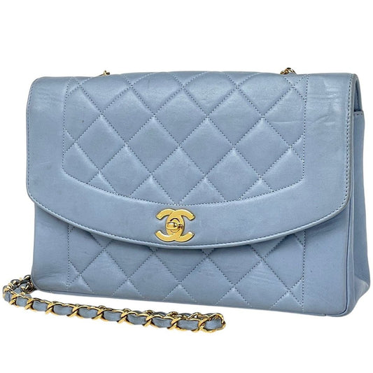 Chanel Diana Quilted Single Flap Chain Shoulder Bag CC Logo Leather Blue