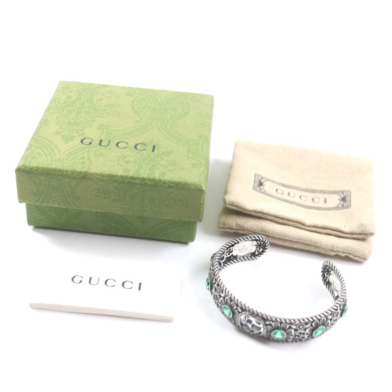 Gucci Crystal Floral Interlocking G Bangle Bracelet Ag925 Silver Green 16 With