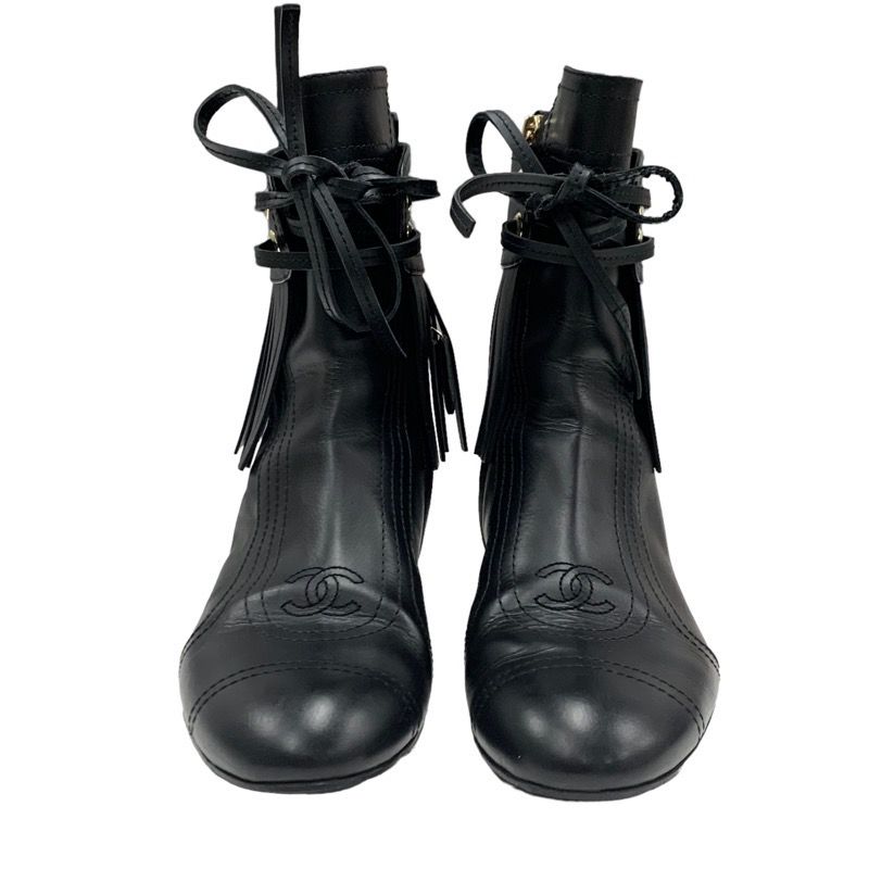 Chanel Boots Short Boots Shoes Leather Black Here Mark Fringe