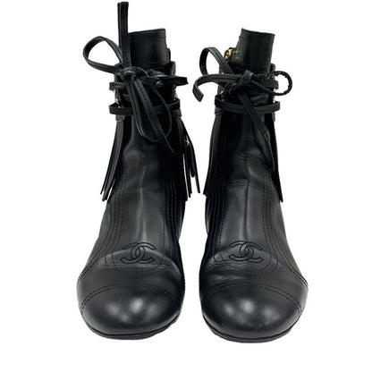 Chanel Boots Short Boots Shoes Leather Black Here Mark Fringe
