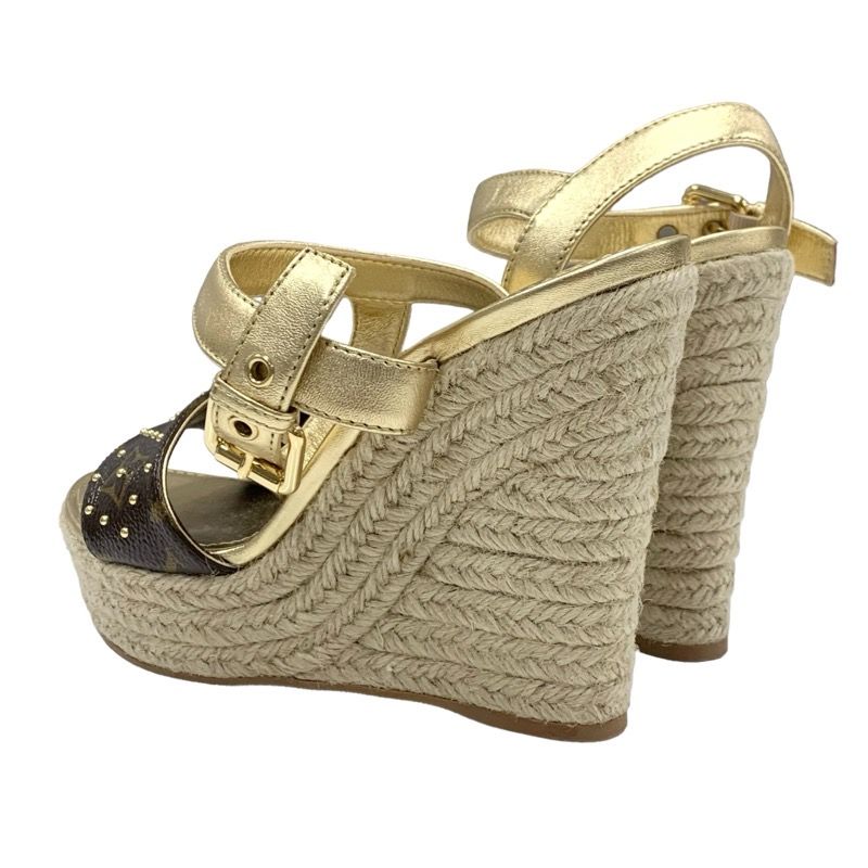 Louis Vuitton Starboard Line Monogram Sandals Shoes Leather Gold Brown Wedge