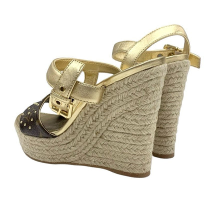 Louis Vuitton Starboard Line Monogram Sandals Shoes Leather Gold Brown Wedge