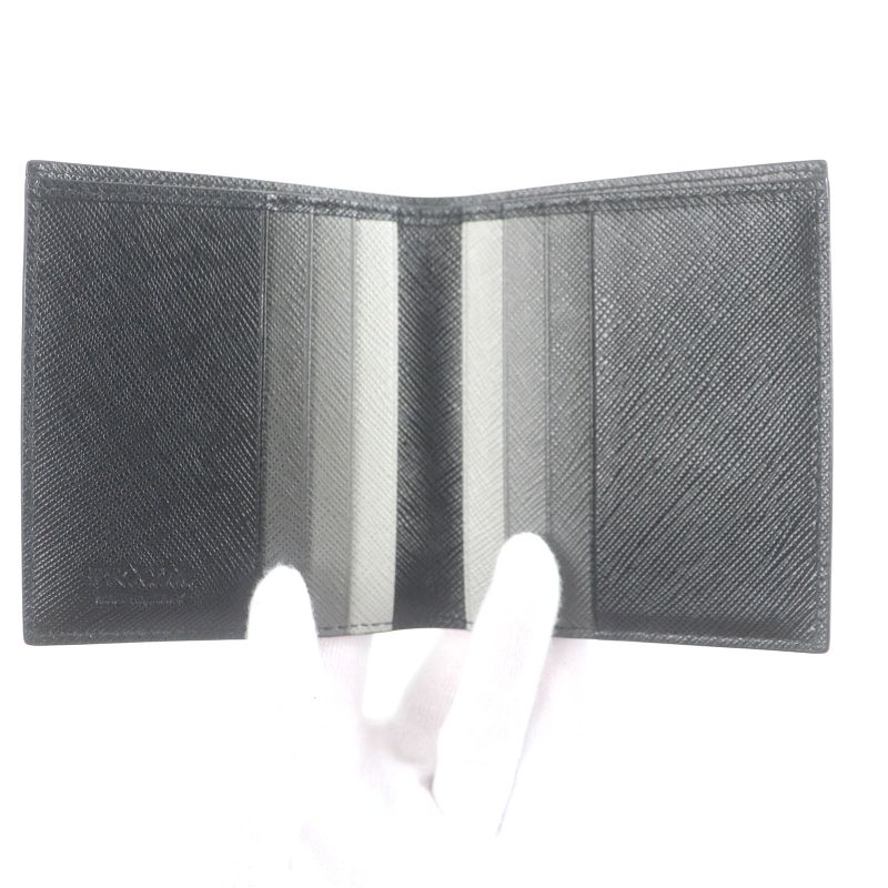 Prada 2mo004 Logo Plate Saffiano Martic Leather Bifold Card Case Billfold Nero