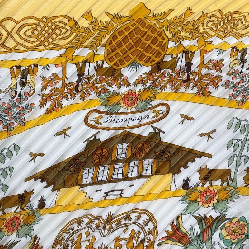 Hermes Silk Scarf Carré 90 Pleated Decoupages Yellow White Decoupages Hermes
