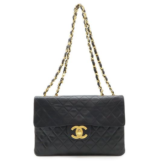 Chanel Big Quilted CC Logo Chain Shoulder Bag Leather Black Gold