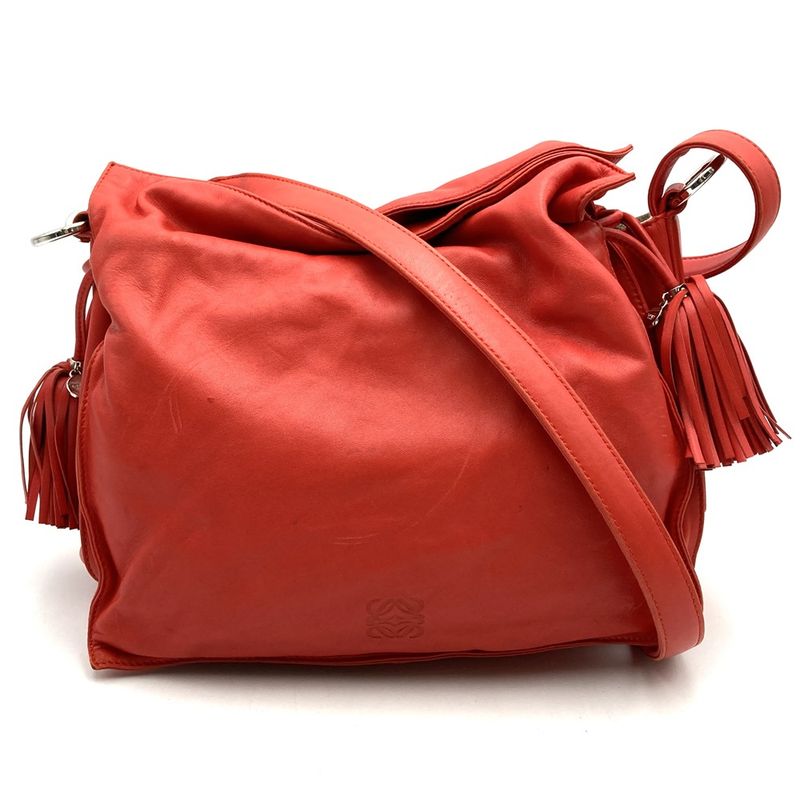 Loewe 261403 Shoulder Bag Red Leather Anagram Flamenco Fringe Ladies Brand Name