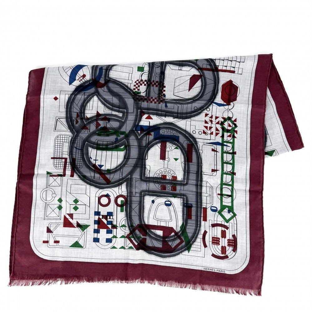 Hermes Scarf Rectangular Prime Shawl Cashmere Silk Gray Red Black