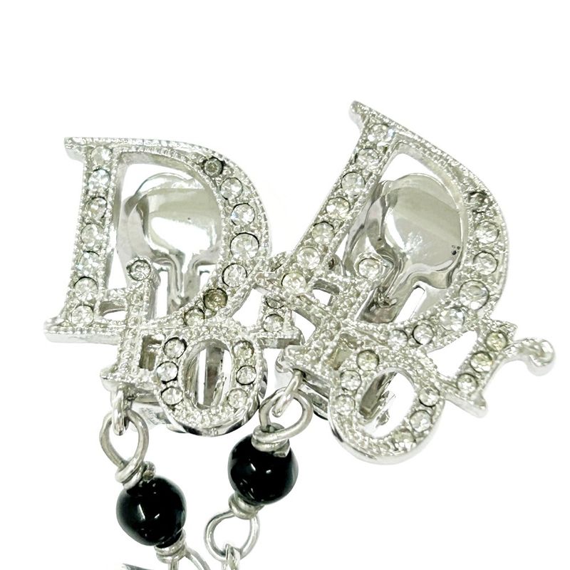 Christian Dior Metal Rhinestone Dior Logo Swing Ribbon Earrings Silver 291225