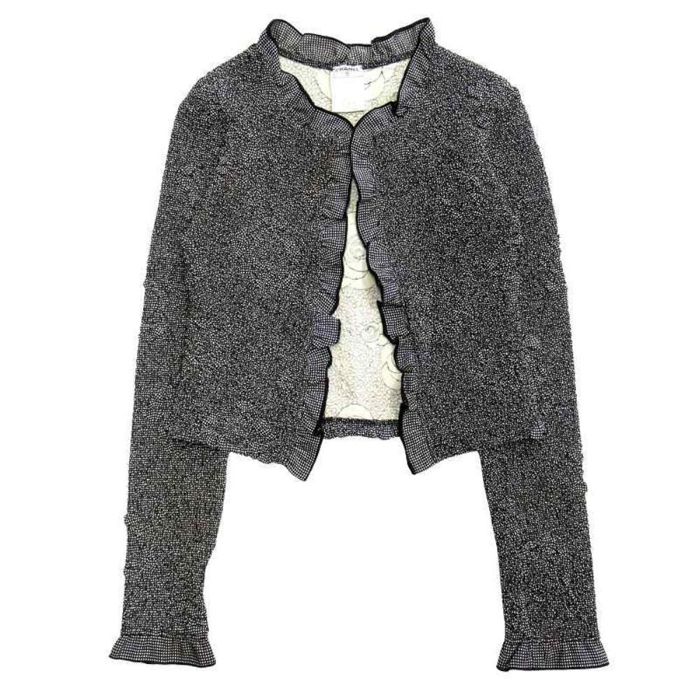 Chanel Vintage Camellia Char Ring Cardigan Jacket CC Logo 36 Black