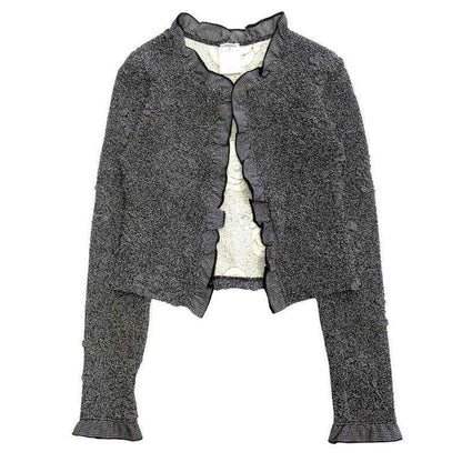 Chanel Vintage Camellia Char Ring Cardigan Jacket CC Logo 36 Black