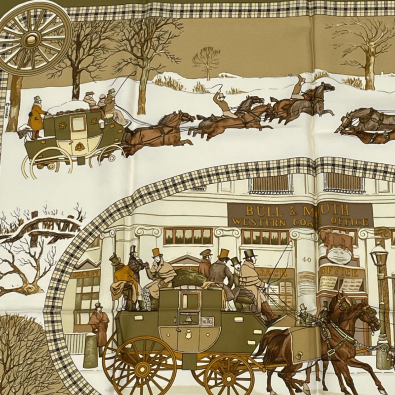 Hermes Scarf Carre 90 Lhiver EN Poste Winter Mail Coach 100% Silk Brown