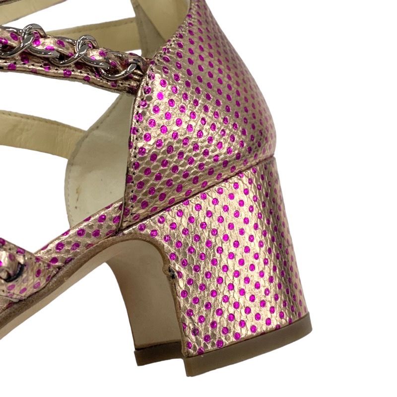 Chanel Sandals Shoes Leather Pink Silver Coco Mark Chain Dot Metallic
