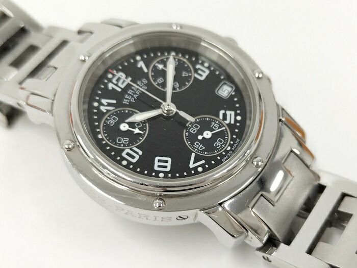 Hermes Clipper Ladies Watch Chronograph SS Quartz Black Dial Cl1310