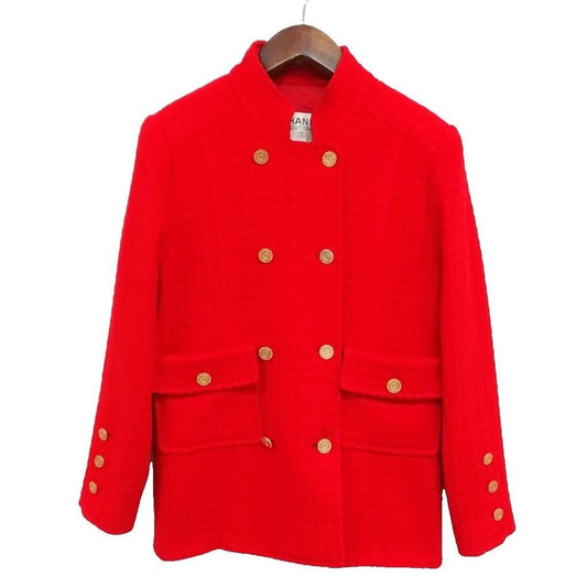 Chanel Vintage Double Breasted Stand Collar Tweed Jacket CC Logo Gold Button 40