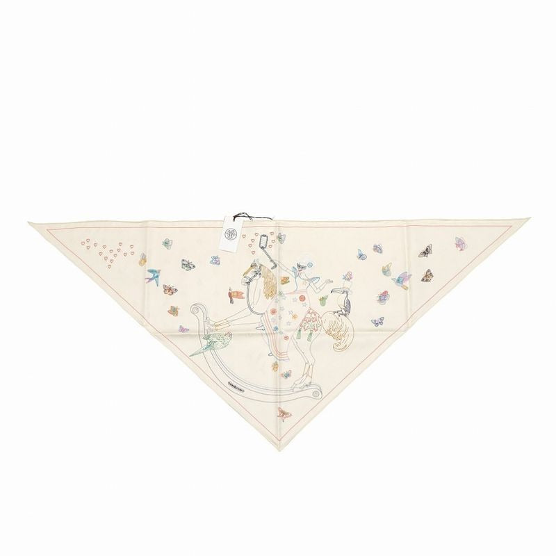 Hermes Story Triangle Scarf Embroidered Beaded Carre Silk Ivory 0109