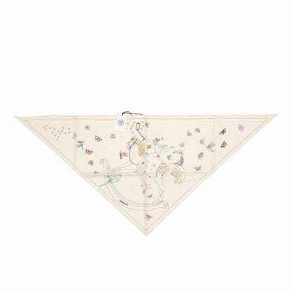 Hermes Story Triangle Scarf Embroidered Beaded Carre Silk Ivory 0109