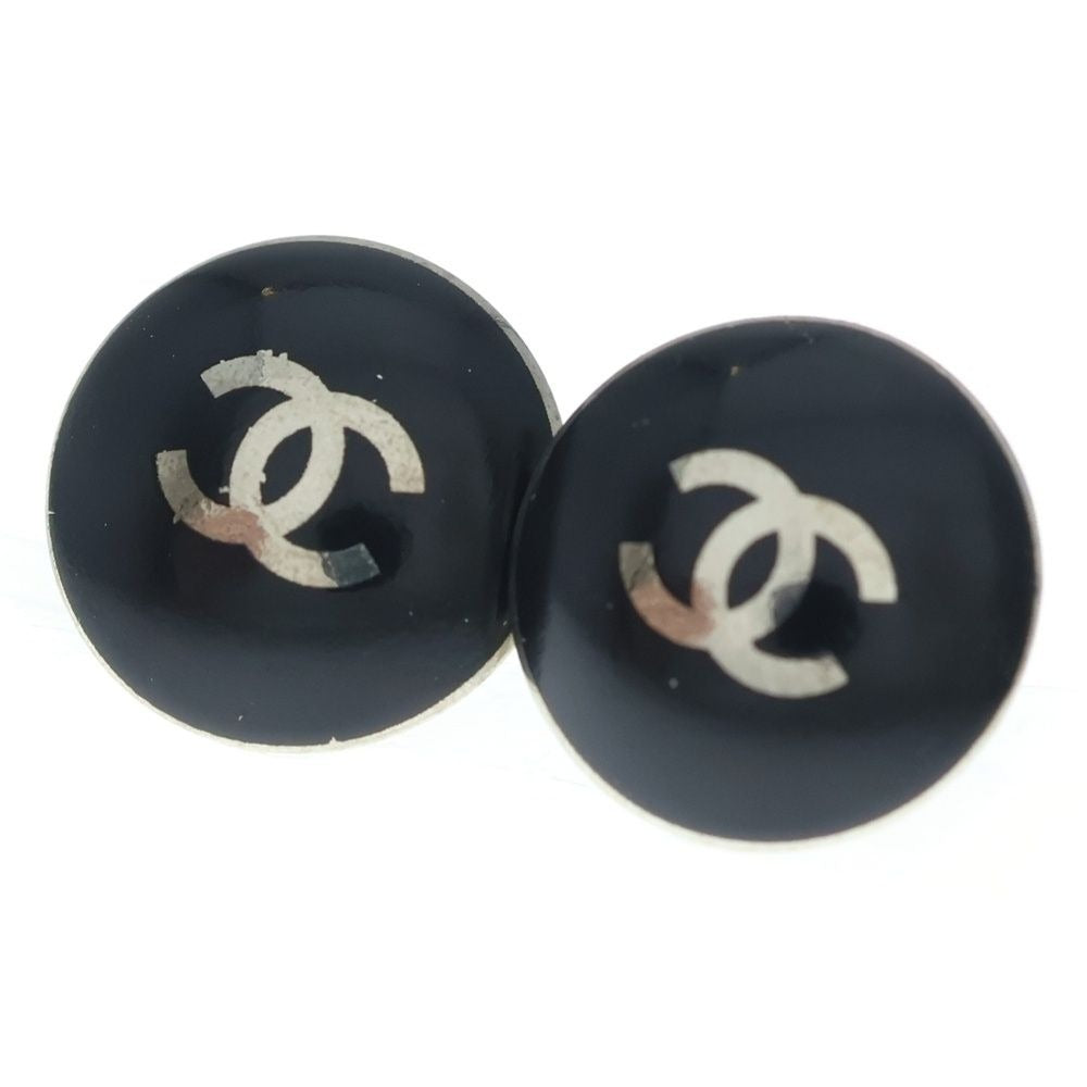 Chanel Round Earrings CC Logo Black Silver