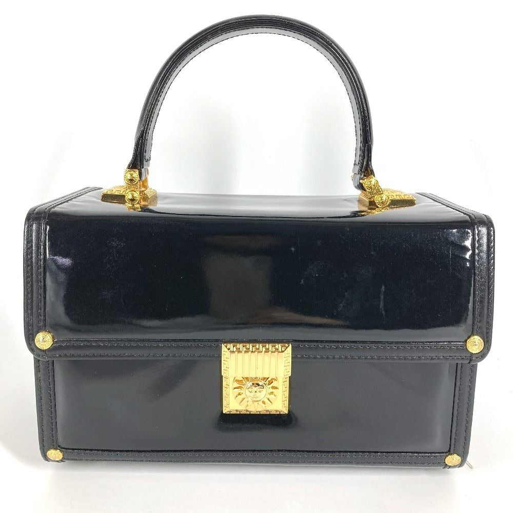 Versace Handbag Sunburst Logo Vanity Bag Patent Leather Black