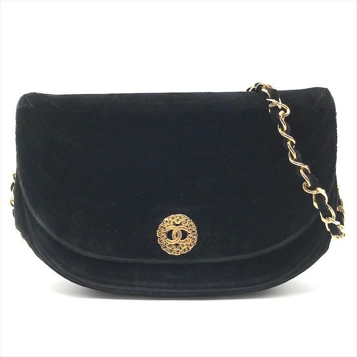 Chanel CC Logo Half Moon Velour Push Lock Chain Shoulder Bag Black