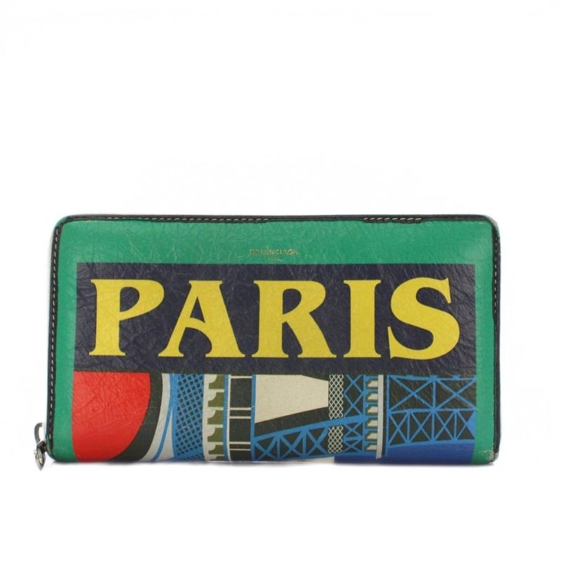Balenciaga Bazaar Paris Round Zipper Long Wallet Leather Green KH OH