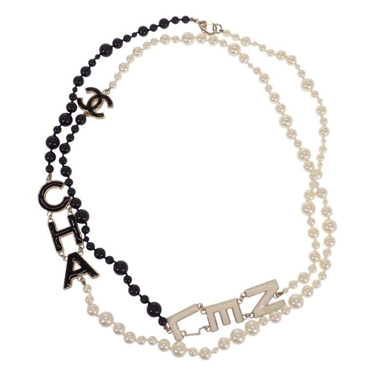 Chanel CC Logo Pearl Long Necklace Metal Faux Black White Gold