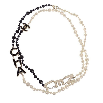 Chanel CC Logo Pearl Long Necklace Metal Faux Black White Gold