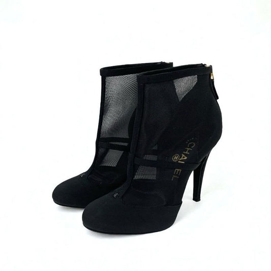 Chanel Boots Short Shoes Mesh Fabric Black Coco Mark